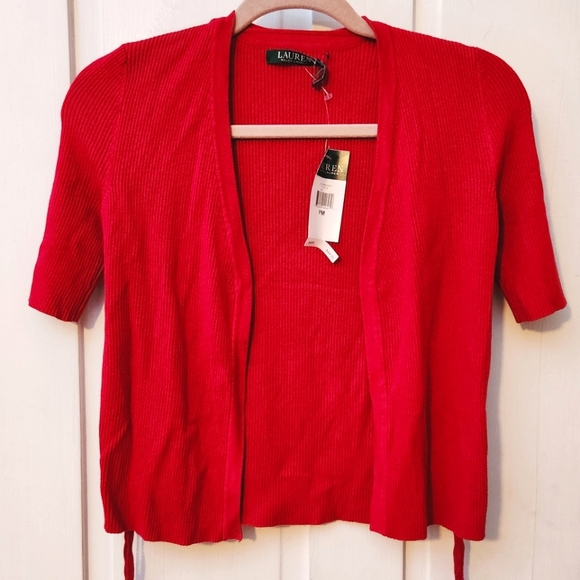 Ralph Lauren Sweaters - Ralph Lauren Red Open Front Short Sleeve Lace Up Detail Cardigan Sweater